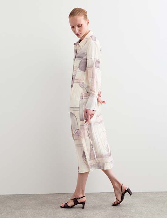 Printed Tie Waist Midi Shirt Dress