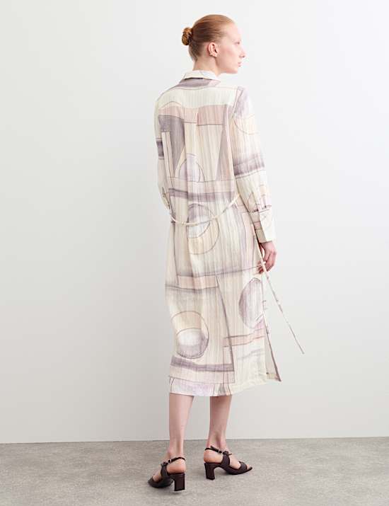 Printed Tie Waist Midi Shirt Dress