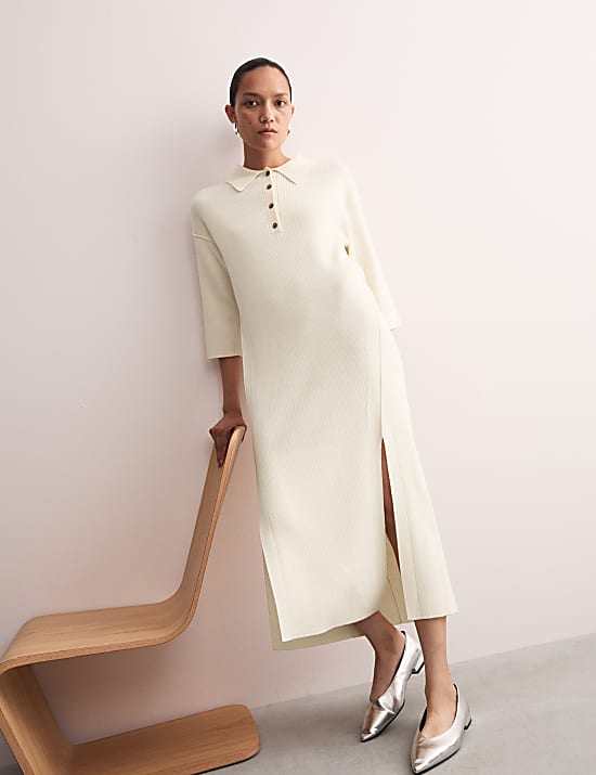 Robe pull midi en laine mérinos côtelée