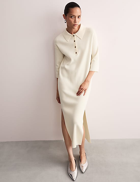 Robe pull midi en laine mérinos côtelée