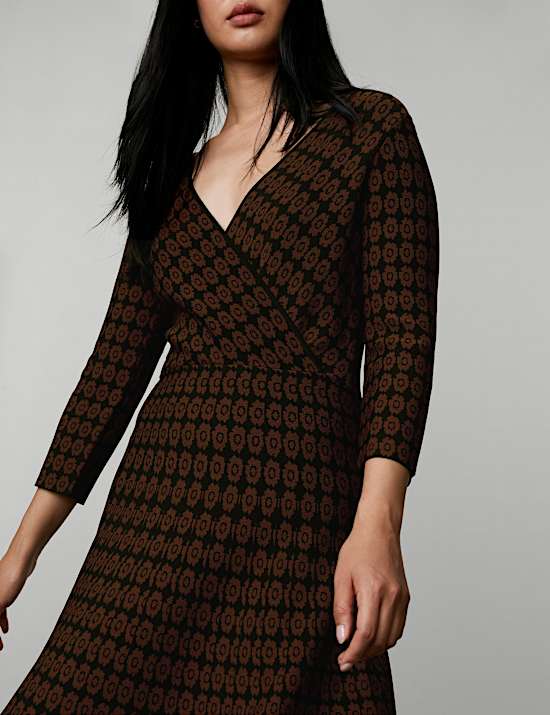 Gaun Skater Midi Kerah V Jacquard Motif Bunga