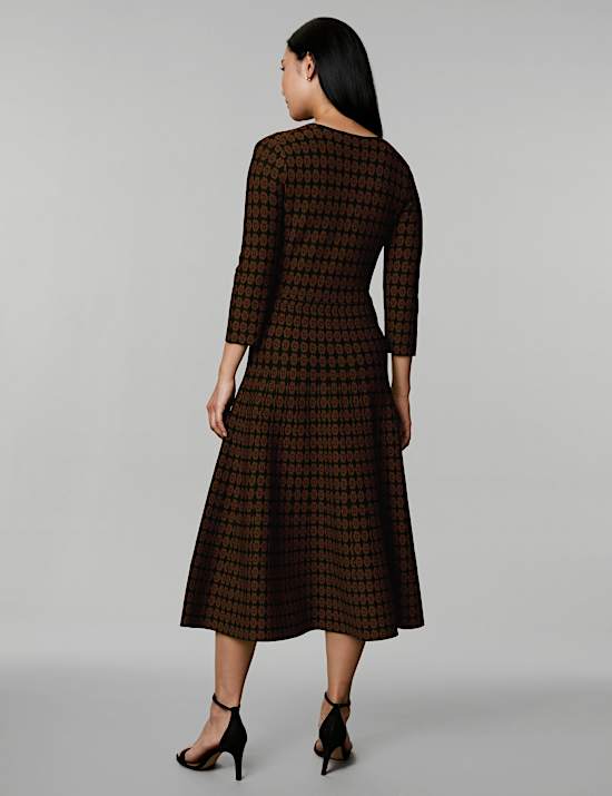 Gaun Skater Midi Kerah V Jacquard Motif Bunga