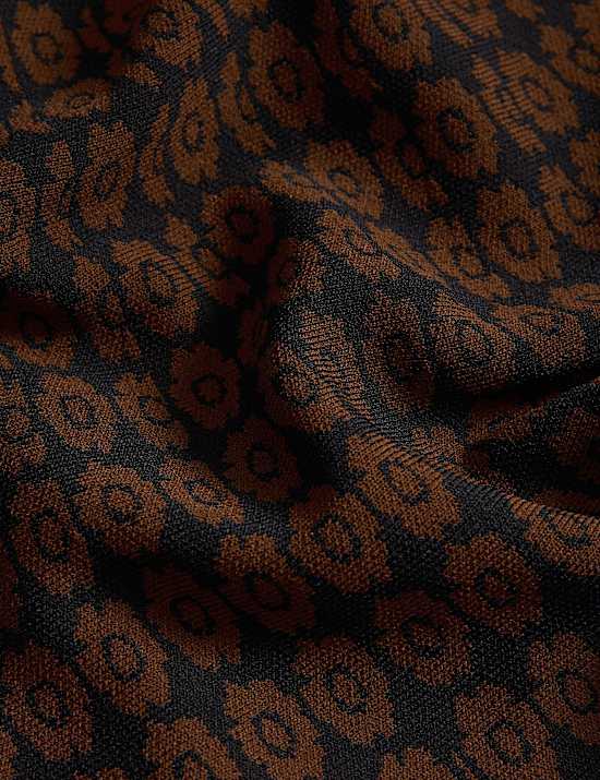 Gaun Skater Midi Kerah V Jacquard Motif Bunga