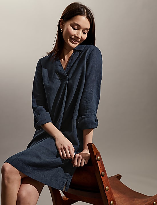 שמלה רב-עונתית באורך הברך מפשתן טהור עם צווארון וי