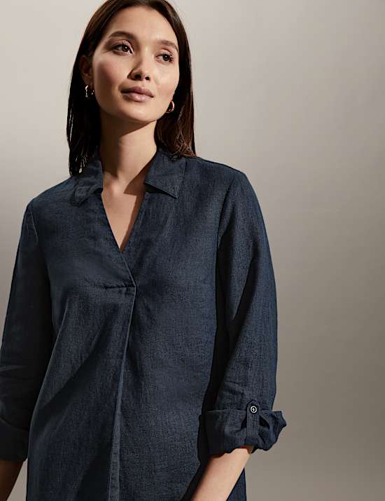 שמלה רב-עונתית באורך הברך מפשתן טהור עם צווארון וי