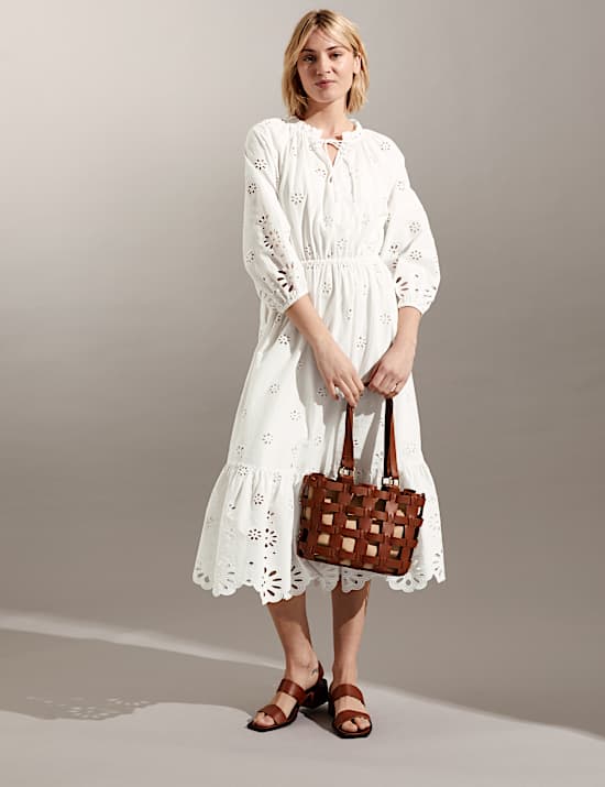 Gaun Midi Katun Murni Kerah Ikat Tali Bordir