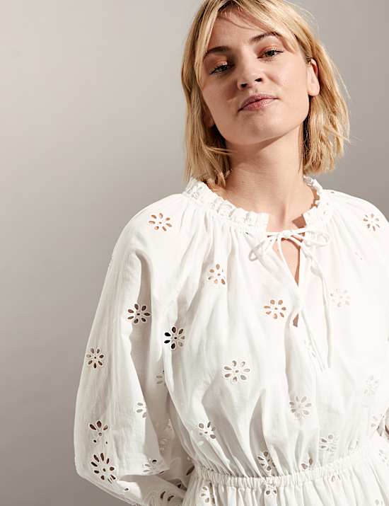 Gaun Midi Katun Murni Kerah Ikat Tali Bordir