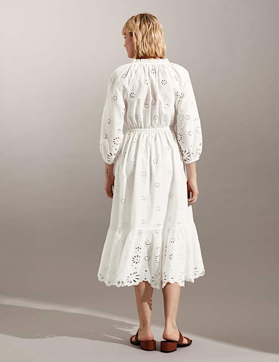 Gaun Midi Katun Murni Kerah Ikat Tali Bordir