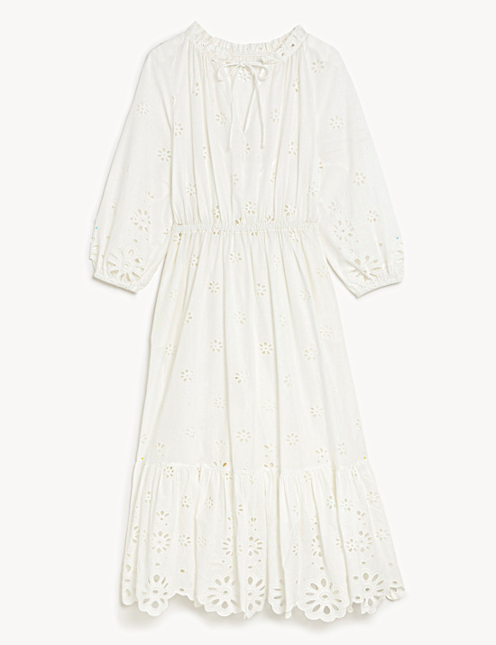 Gaun Midi Katun Murni Kerah Ikat Tali Bordir