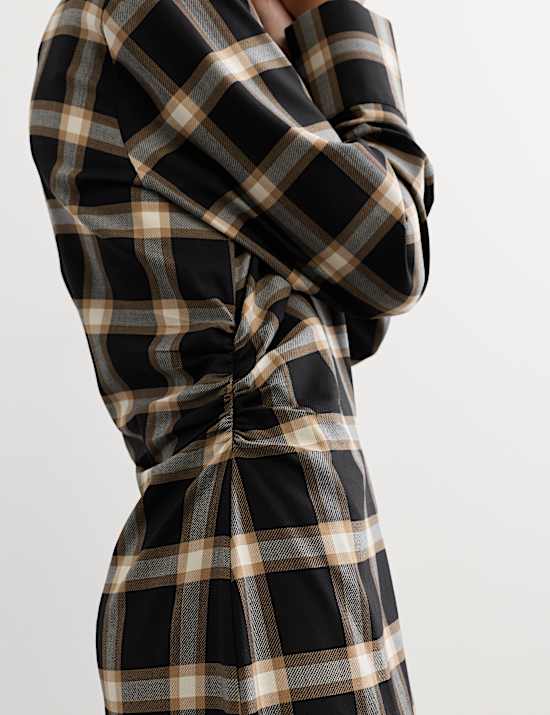 Wool Rich Checked Collared Midi Shirt Dress
