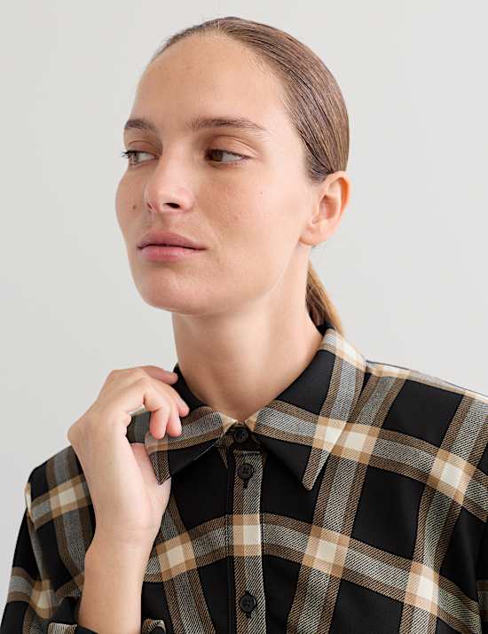 Wool Rich Checked Collared Midi Shirt Dress