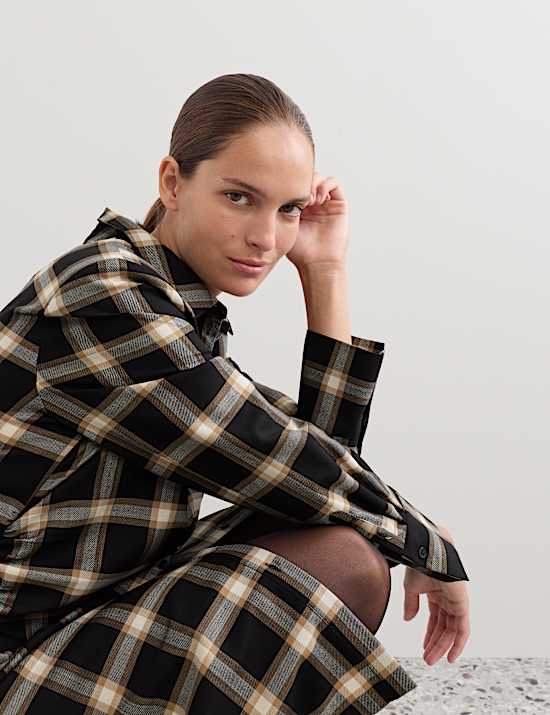 Wool Rich Checked Collared Midi Shirt Dress