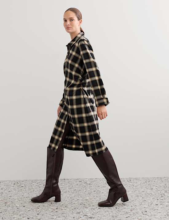Wool Rich Checked Collared Midi Shirt Dress