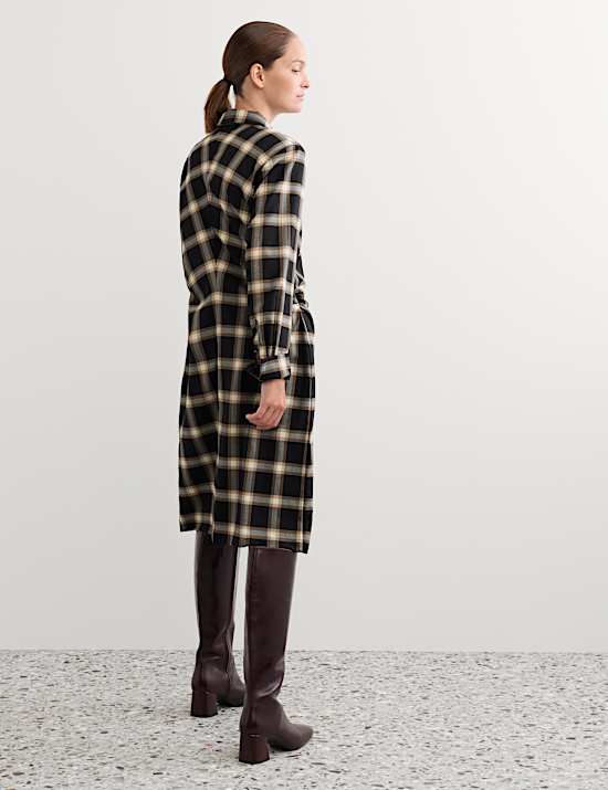 Wool Rich Checked Collared Midi Shirt Dress