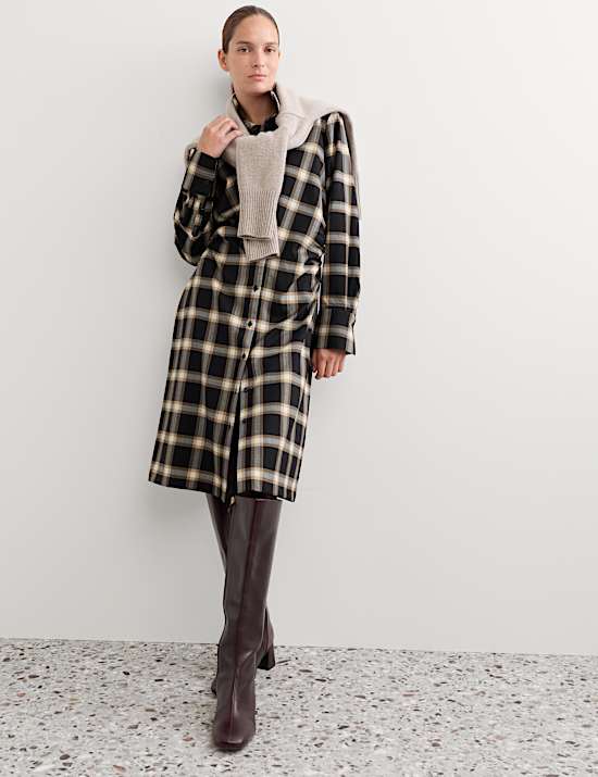 Wool Rich Checked Collared Midi Shirt Dress