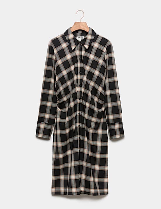 Wool Rich Checked Collared Midi Shirt Dress