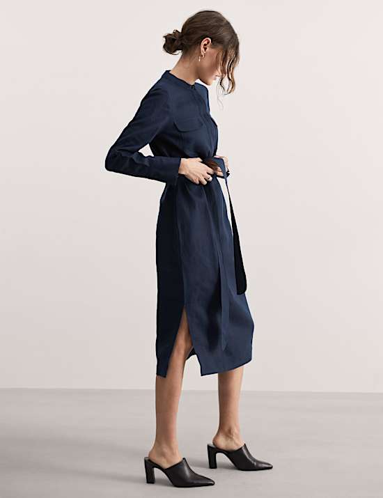 Vestido columna a media pierna 100% lino con cintur&oacute;n