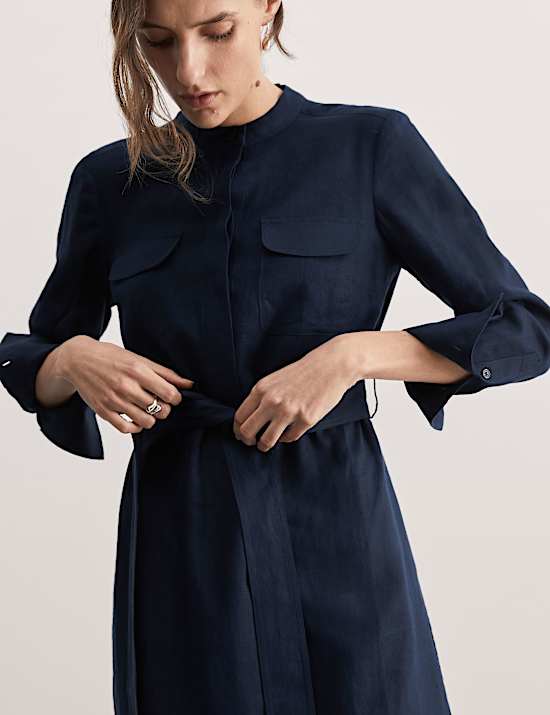 Vestido columna a media pierna 100% lino con cintur&oacute;n