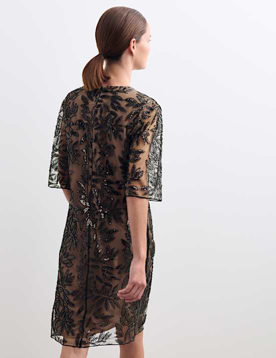 Sequin Round Neck Knee Length Shift Dress