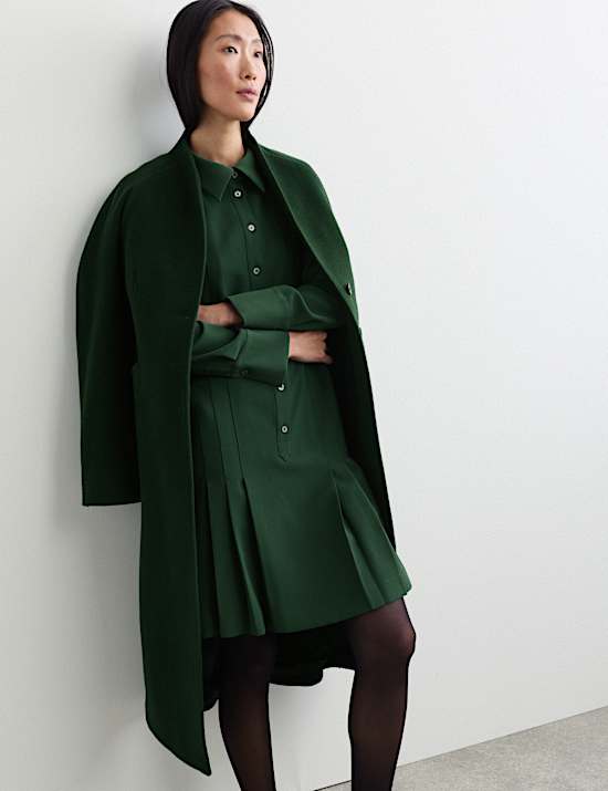 Crepe Pleated Knee Length Shirt Dress
