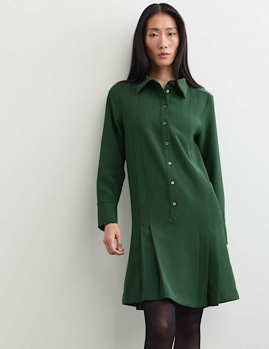 Crepe Pleated Knee Length Shirt Dress
