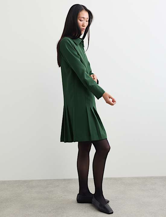Crepe Pleated Knee Length Shirt Dress