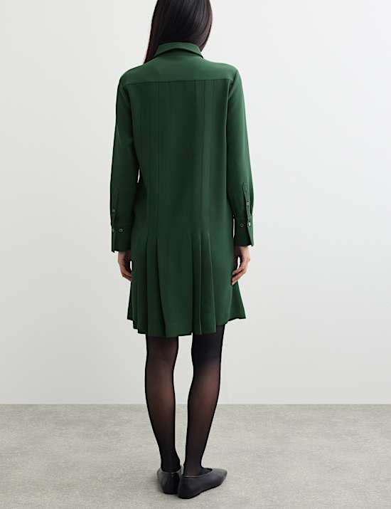 Crepe Pleated Knee Length Shirt Dress