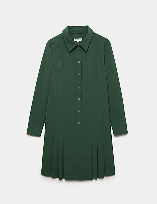 Crepe Pleated Knee Length Shirt Dress
