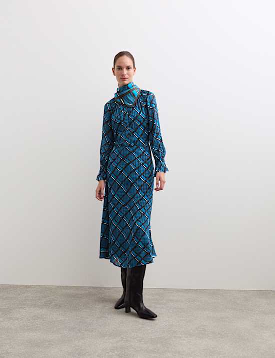 Checked Round Neck Midi Skater Dress