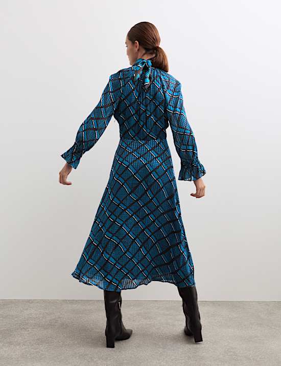 Checked Round Neck Midi Skater Dress