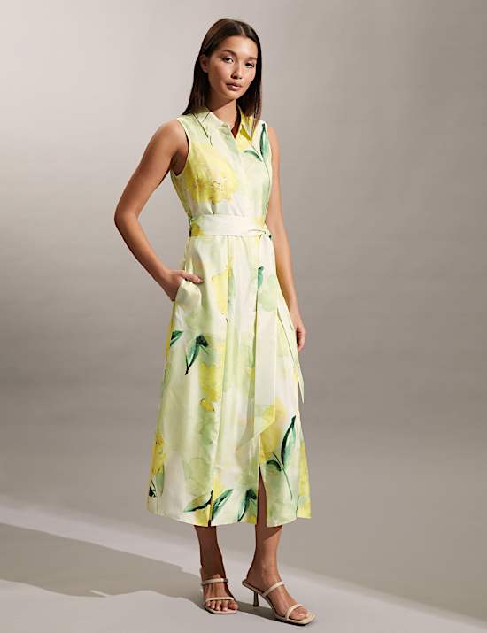 Gebloemde midi-overhemdjurk van zuiver zijde met ceintuur