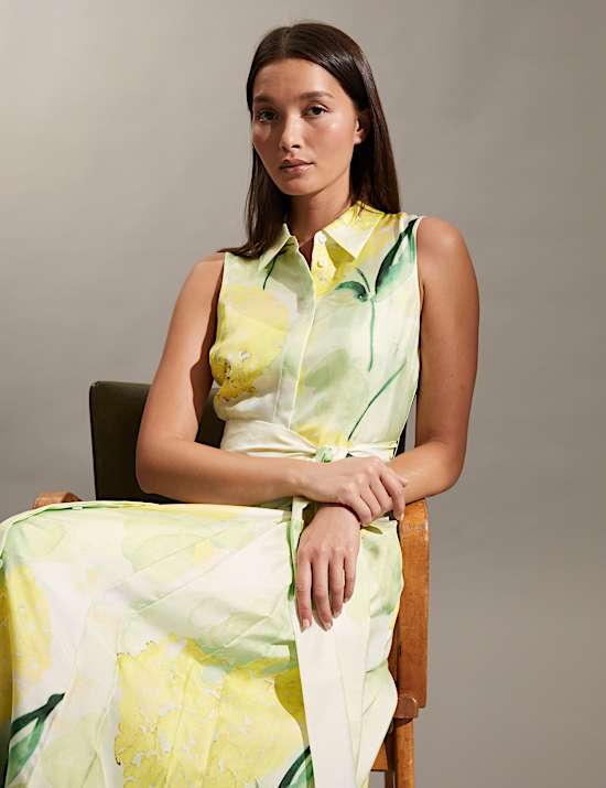 Gebloemde midi-overhemdjurk van zuiver zijde met ceintuur