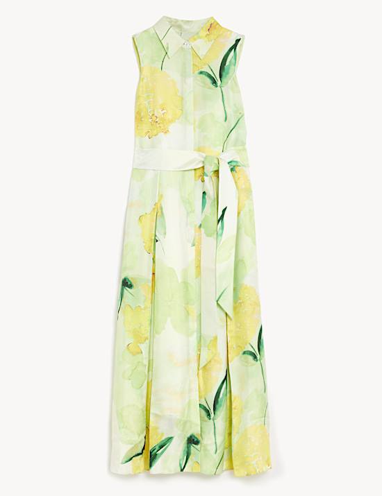 Gebloemde midi-overhemdjurk van zuiver zijde met ceintuur