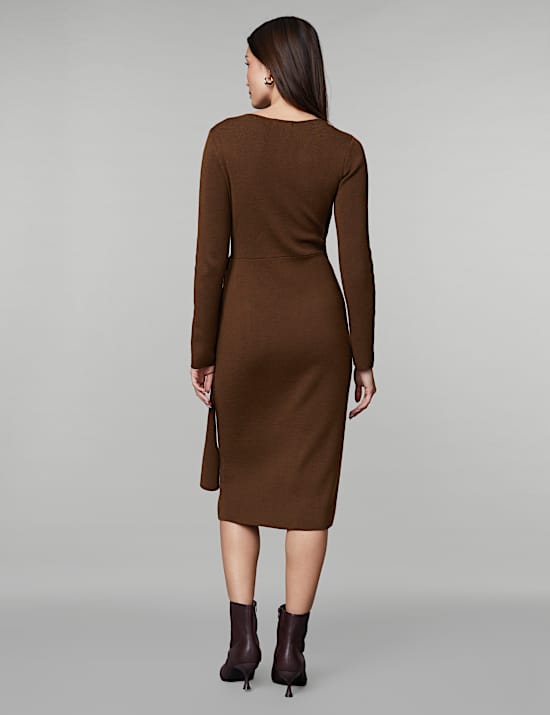 Gaun Midi Rajut Wol Merino Murni Kerah V