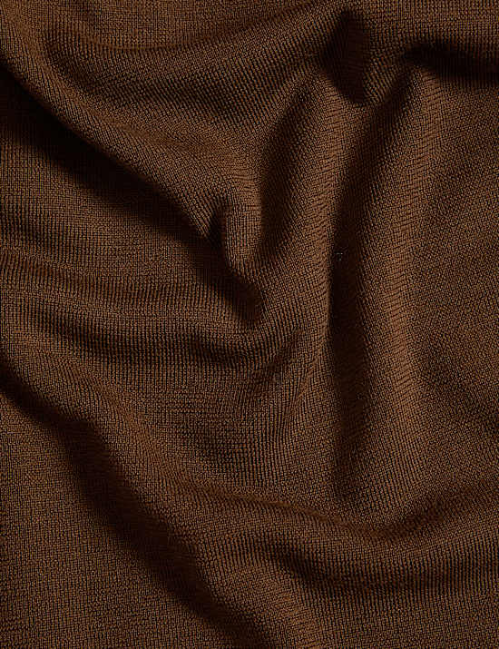 Gaun Midi Rajut Wol Merino Murni Kerah V