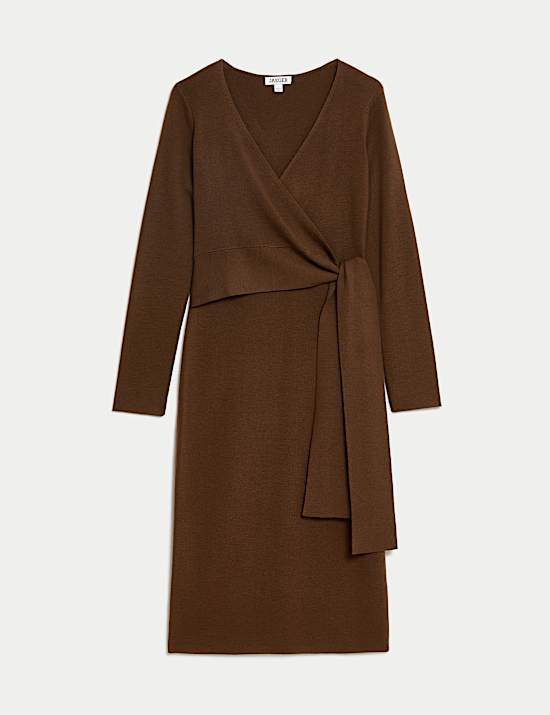 Gaun Midi Rajut Wol Merino Murni Kerah V