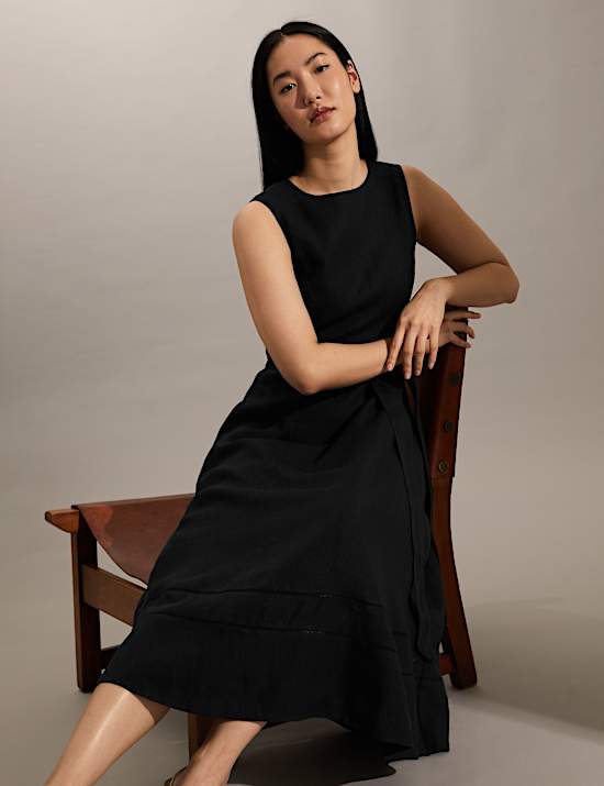 Vestido skater a media pierna 100% lino con cintur&oacute;n