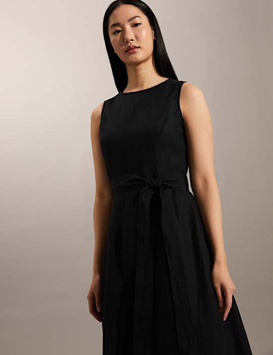 Vestido skater a media pierna 100% lino con cintur&oacute;n