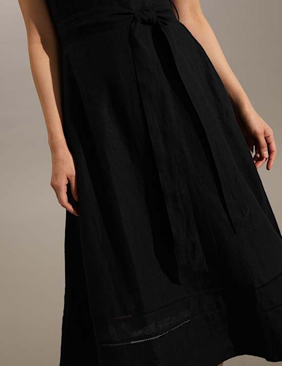 Vestido skater a media pierna 100% lino con cintur&oacute;n