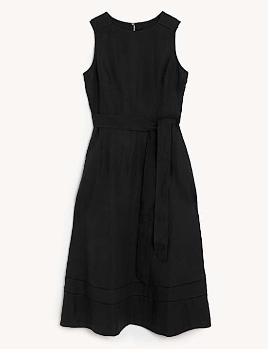 Vestido skater a media pierna 100% lino con cintur&oacute;n