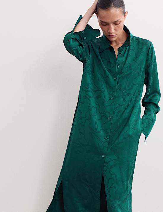 Floral Jacquard Belted Midi Shirt Dress