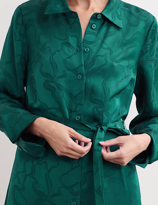 Floral Jacquard Belted Midi Shirt Dress