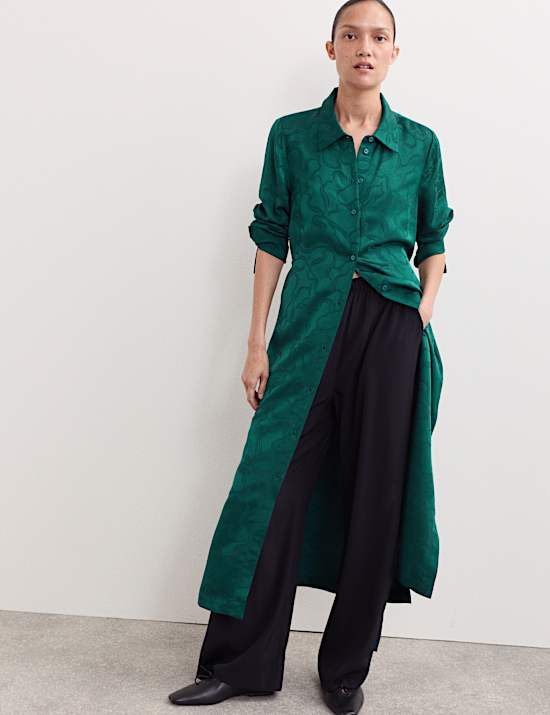 Floral Jacquard Belted Midi Shirt Dress