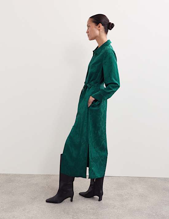 Floral Jacquard Belted Midi Shirt Dress