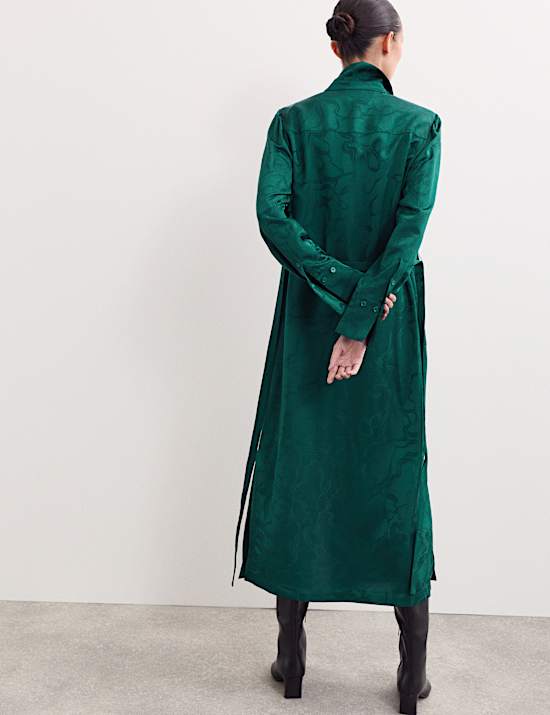 Floral Jacquard Belted Midi Shirt Dress