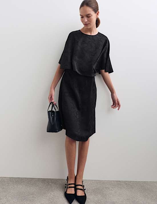 Floral Jacquard Mini Shift Dress with Cape