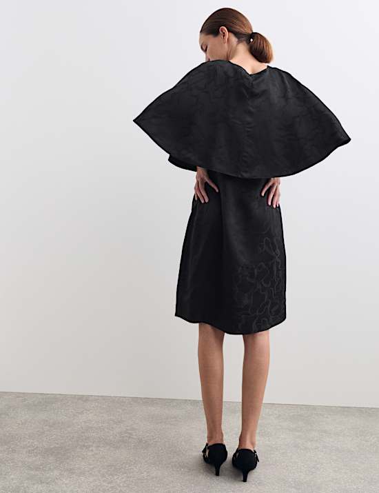 Floral Jacquard Mini Shift Dress with Cape