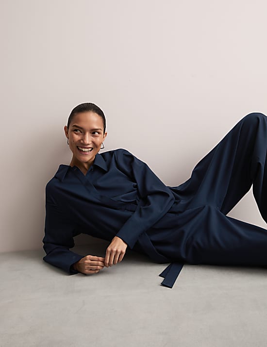 Wool Rich Belted Long Sleeve Jumpsuit