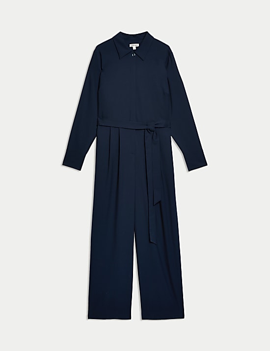 Wool Rich Belted Long Sleeve Jumpsuit