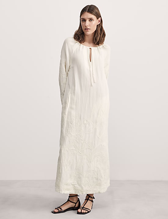 Linen Rich Embroidered Tie Neck Midi Shift Dress
